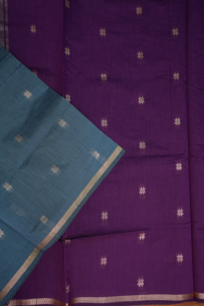Semi Maheshwari Silk Cotton Saree – Dusty Blue & Purple