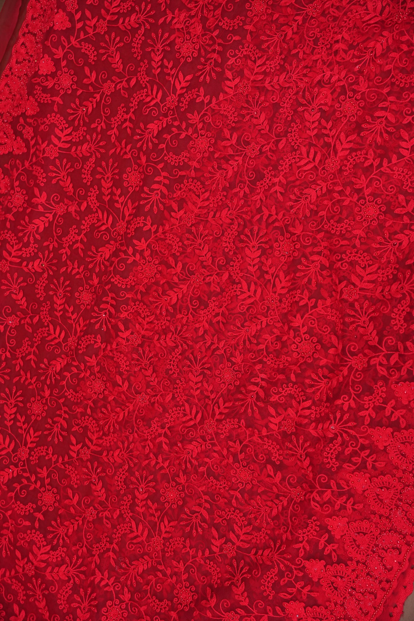 Party Wear Netted Saree with Self-Tone Floral Embroidery - Scarlet Red