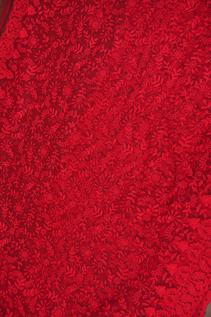 Party Wear Netted Saree with Self-Tone Floral Embroidery - Scarlet Red