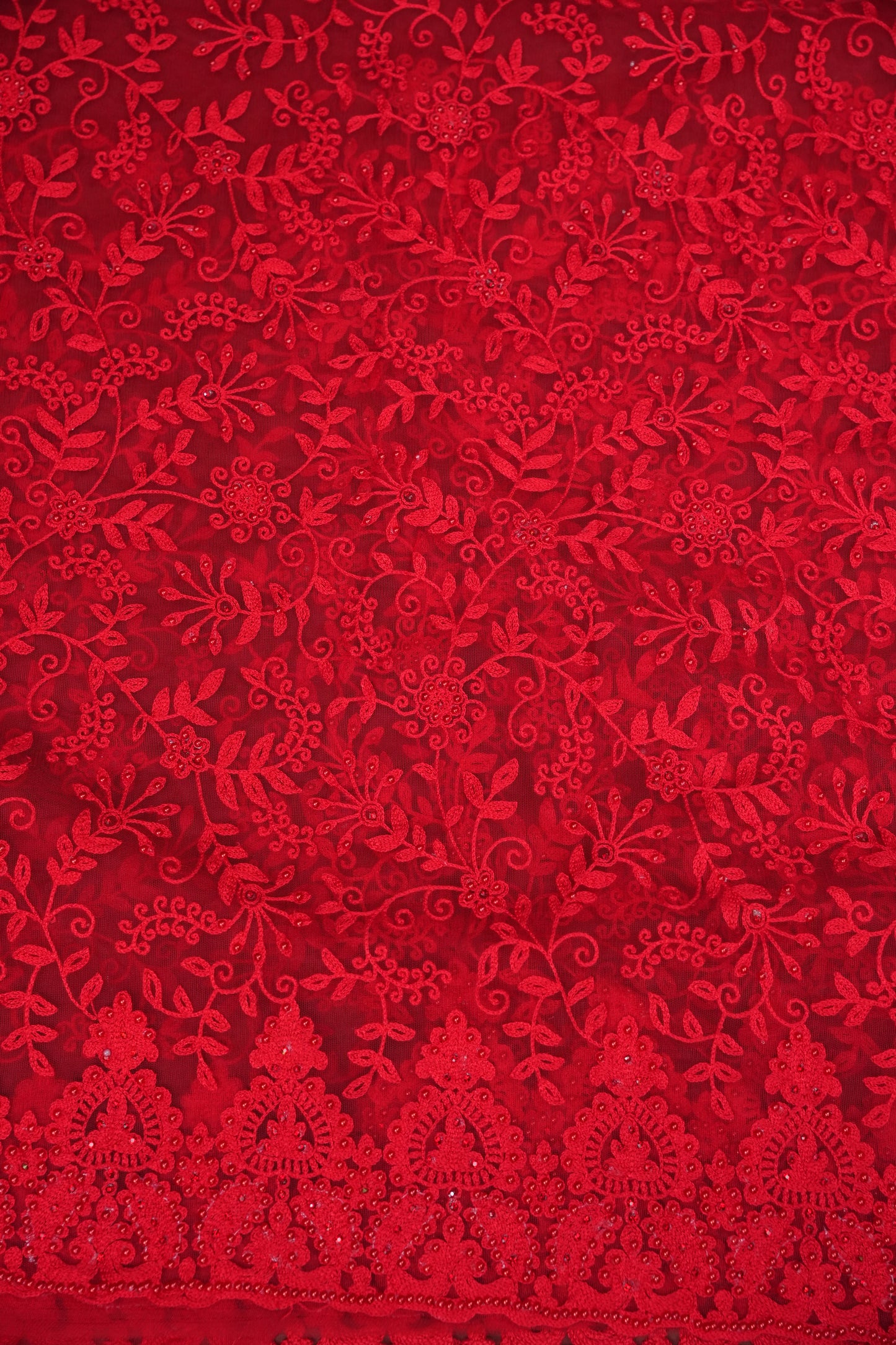 Party Wear Netted Saree with Self-Tone Floral Embroidery - Scarlet Red