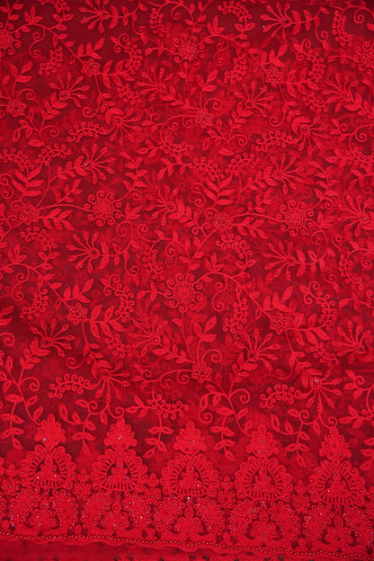 Party Wear Netted Saree with Self-Tone Floral Embroidery - Scarlet Red