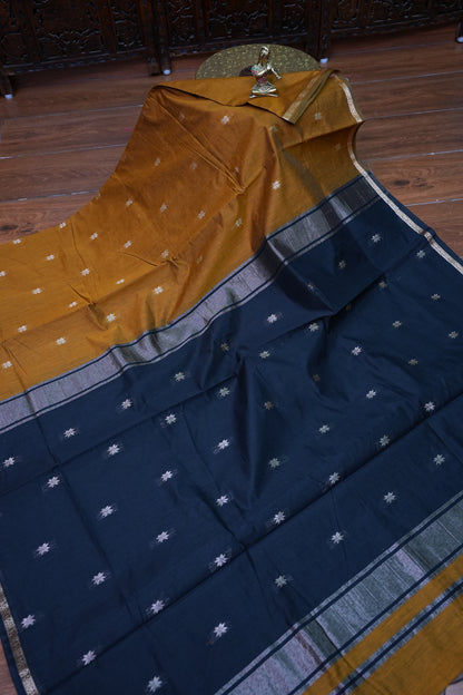 Semi Maheshwari Silk Cotton Saree – Mustard Gold & Navy Blue
