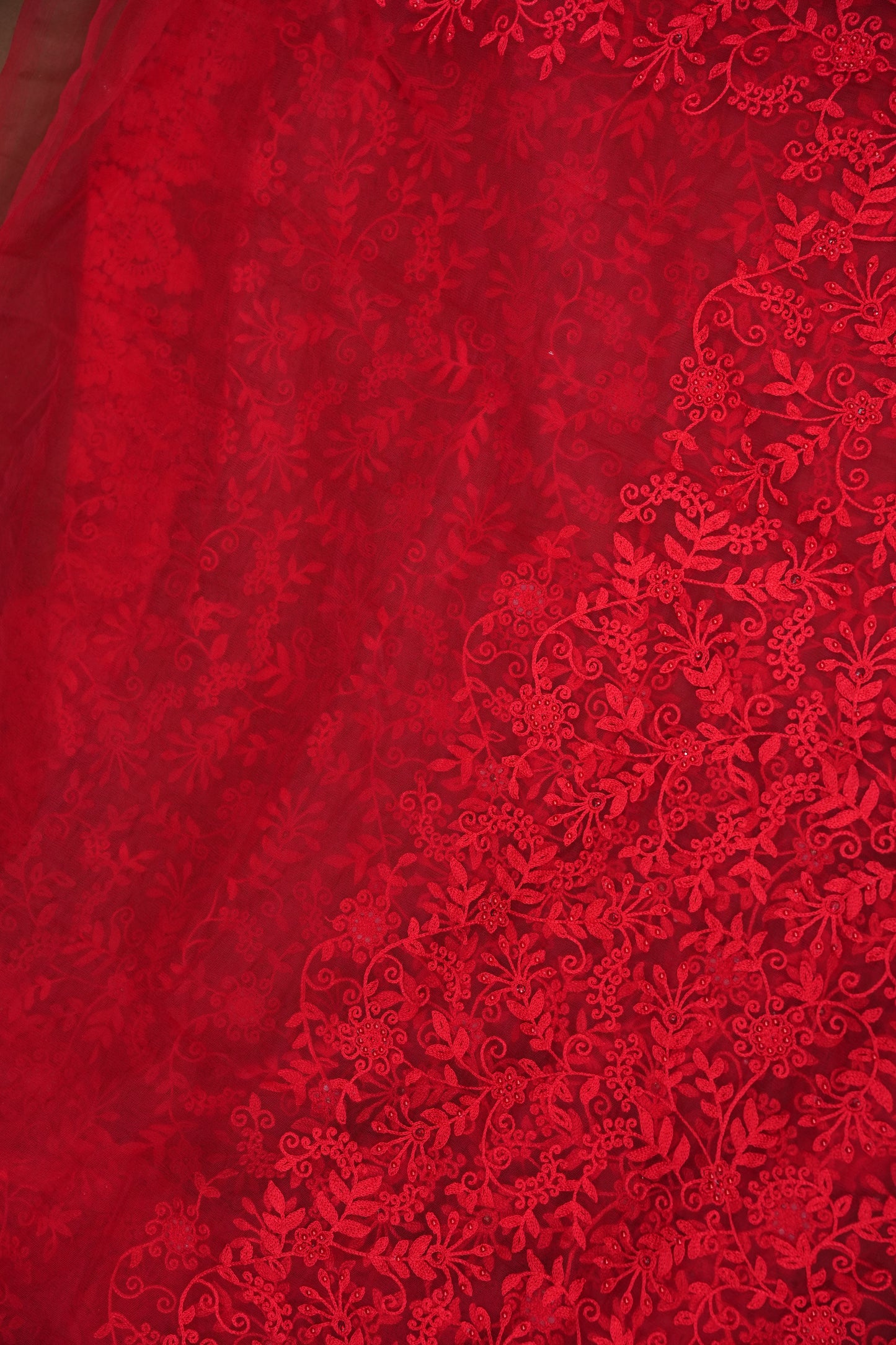Party Wear Netted Saree with Self-Tone Floral Embroidery - Scarlet Red