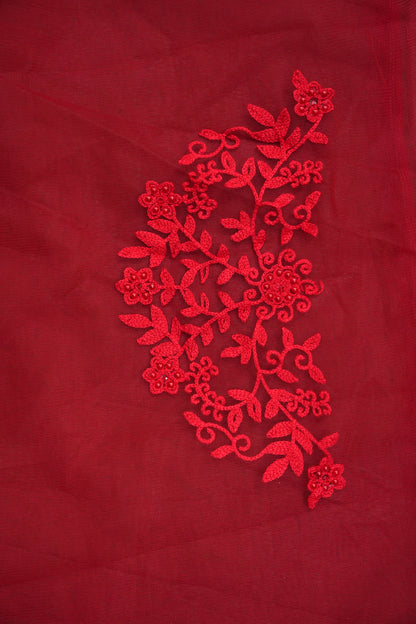 Party Wear Netted Saree with Self-Tone Floral Embroidery - Scarlet Red
