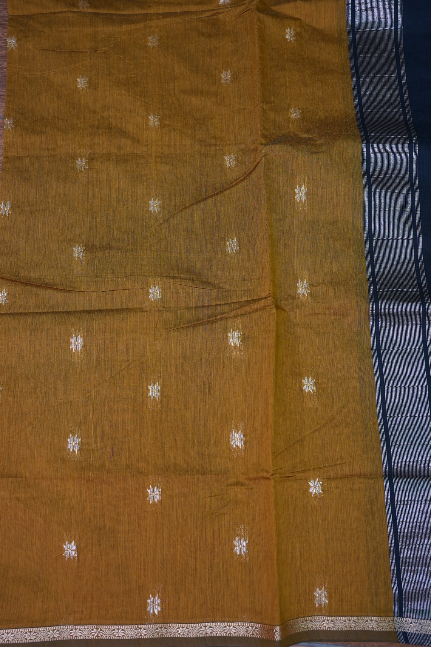 Semi Maheshwari Silk Cotton Saree – Mustard Gold & Navy Blue