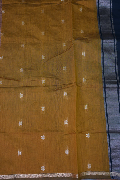 Semi Maheshwari Silk Cotton Saree – Mustard Gold & Navy Blue