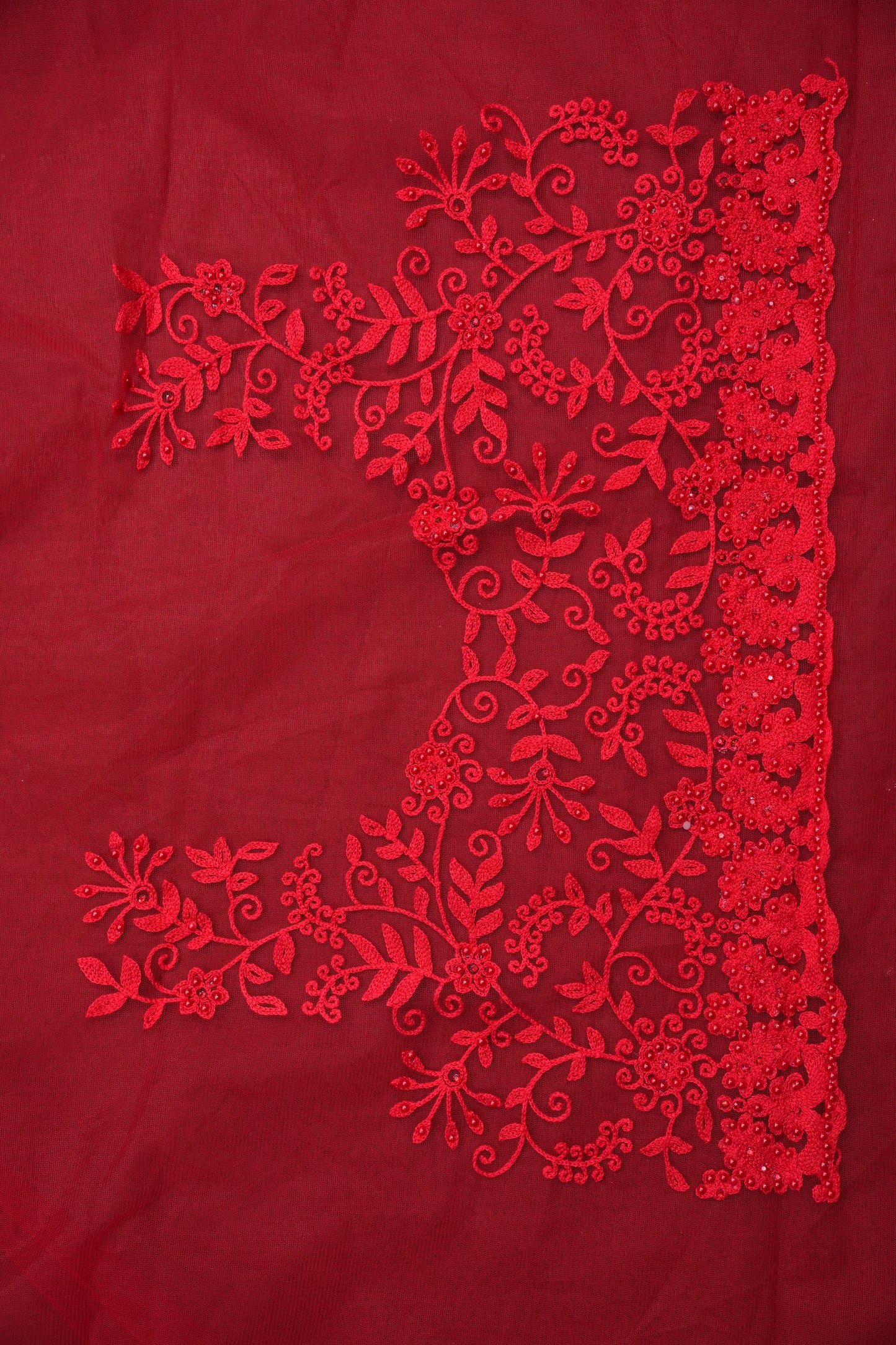 Party Wear Netted Saree with Self-Tone Floral Embroidery - Scarlet Red
