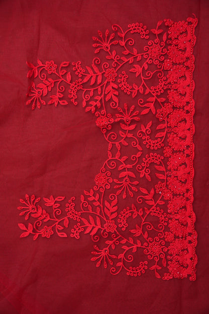 Party Wear Netted Saree with Self-Tone Floral Embroidery - Scarlet Red