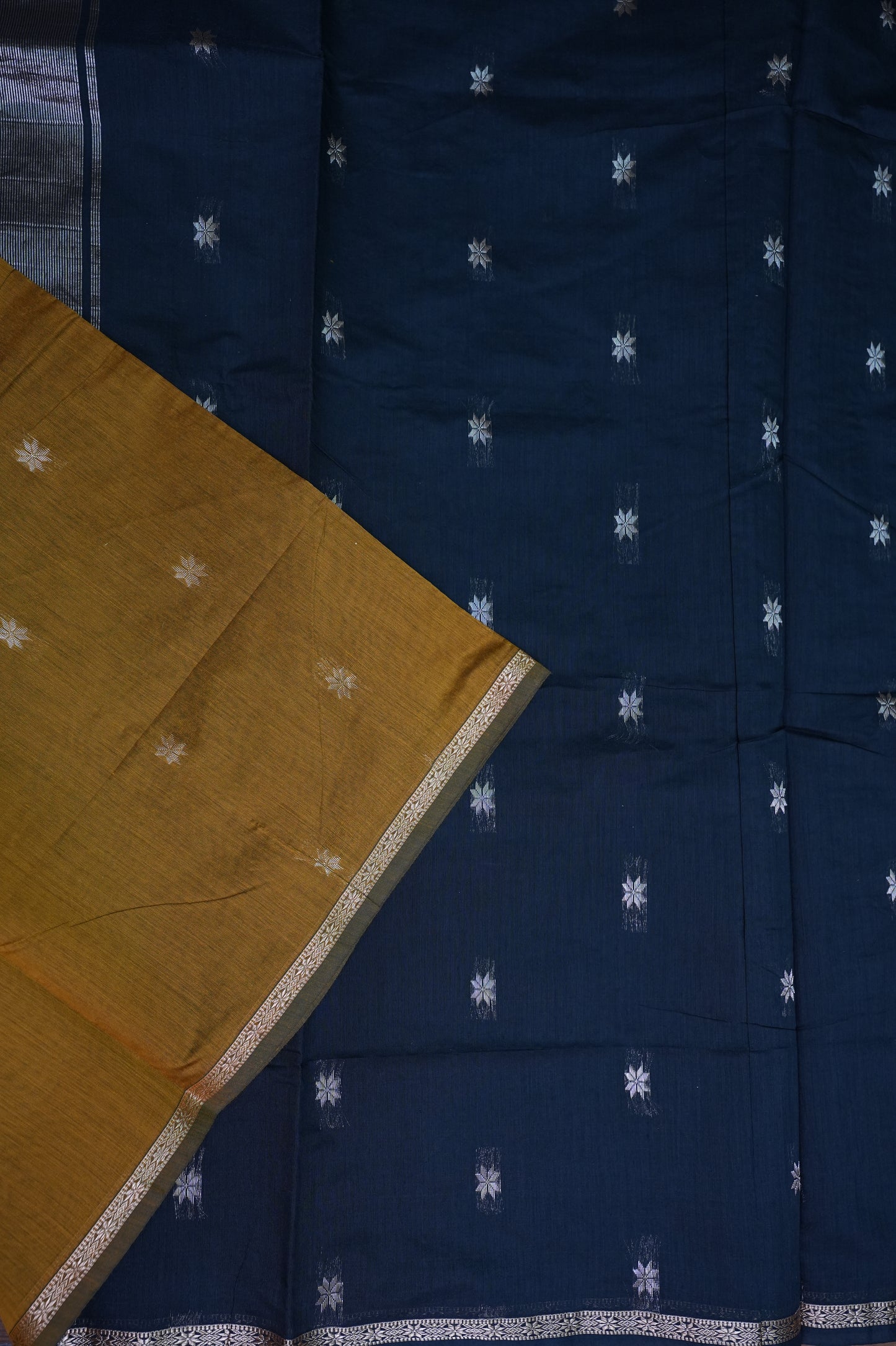 Semi Maheshwari Silk Cotton Saree – Mustard Gold & Navy Blue