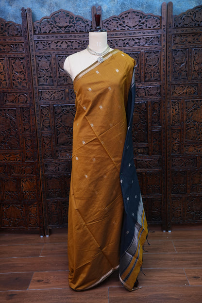 Semi Maheshwari Silk Cotton Saree – Mustard Gold & Navy Blue