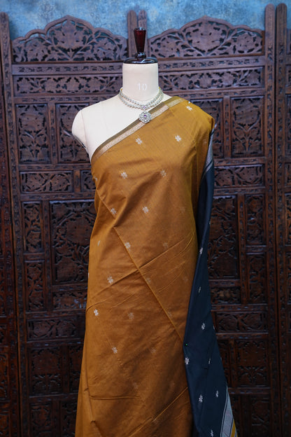 Semi Maheshwari Silk Cotton Saree – Mustard Gold & Navy Blue