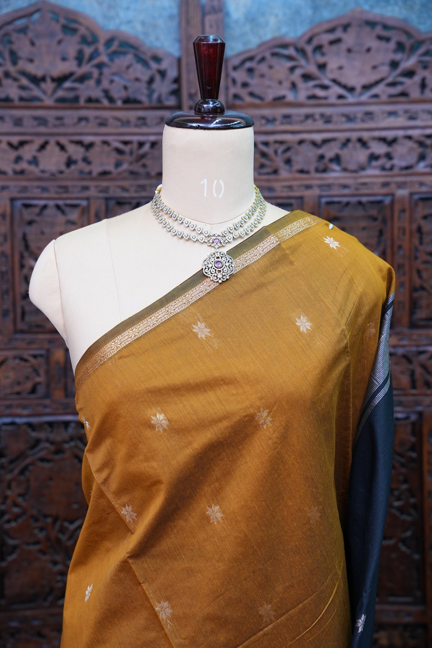 Semi Maheshwari Silk Cotton Saree – Mustard Gold & Navy Blue