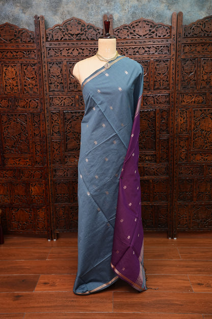 Semi Maheshwari Silk Cotton Saree – Dusty Blue & Purple