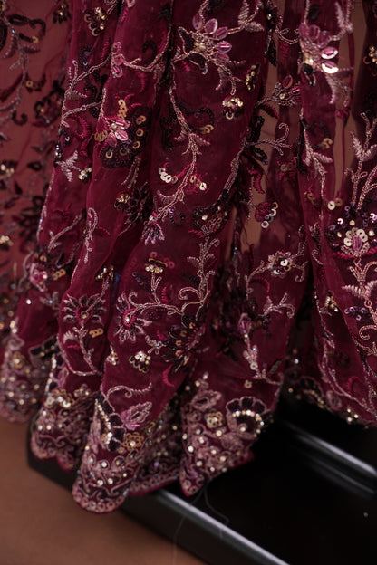 Party Wear Net Saree with Embroidery & Sequin Work - Burgundy