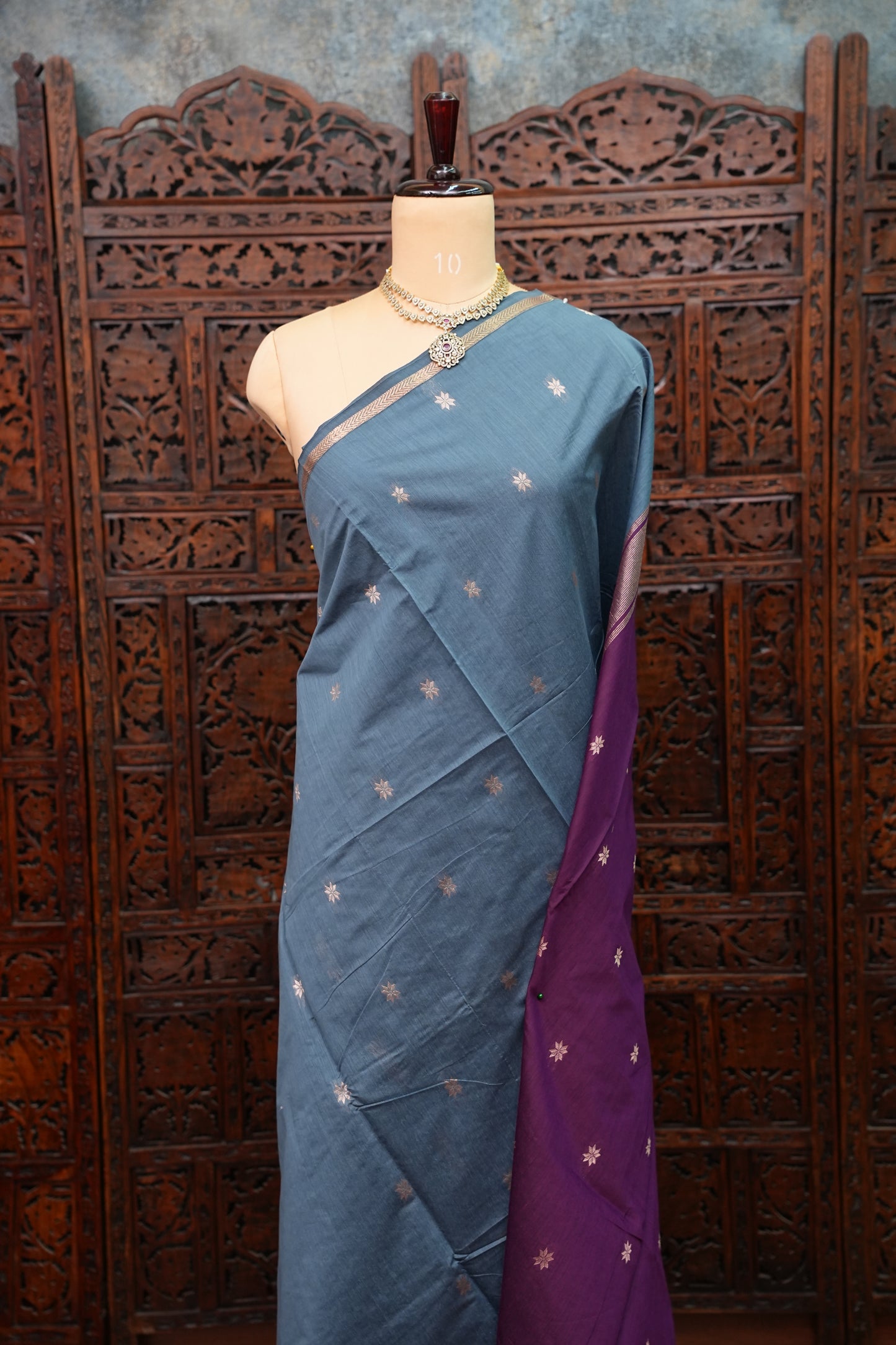Semi Maheshwari Silk Cotton Saree – Dusty Blue & Purple