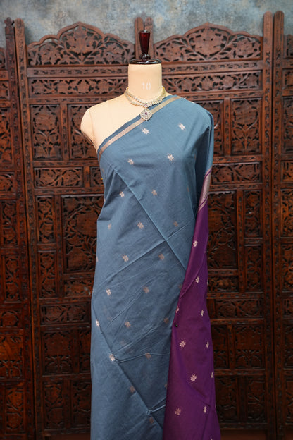 Semi Maheshwari Silk Cotton Saree – Dusty Blue & Purple