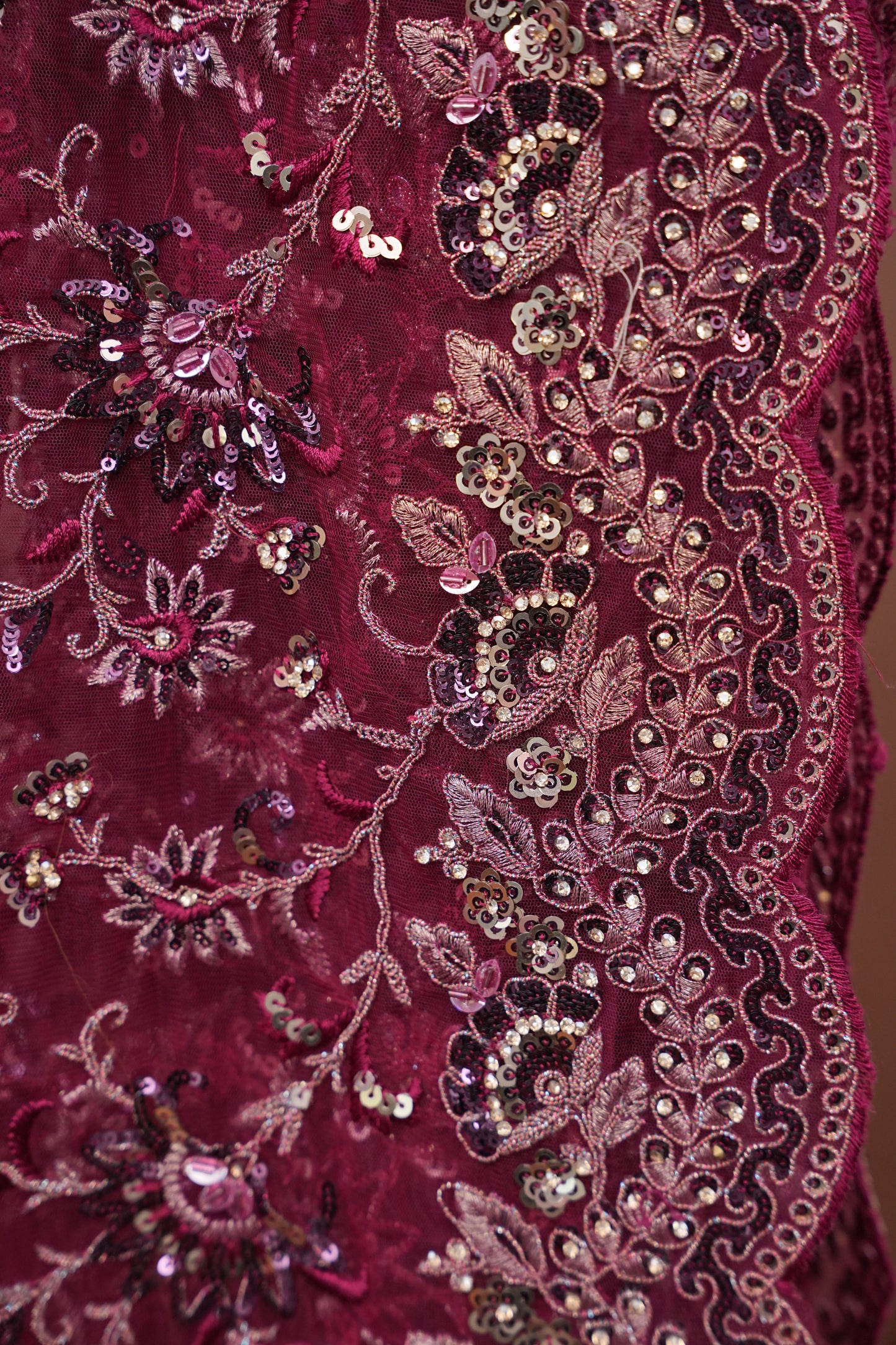 Party Wear Net Saree with Embroidery & Sequin Work - Burgundy