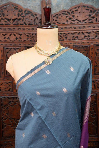 Semi Maheshwari Silk Cotton Saree – Dusty Blue & Purple