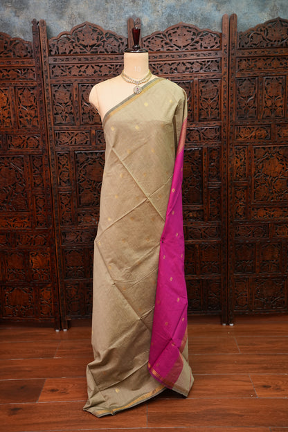 Semi Maheshwari Silk Cotton Saree – Beige Gold & Rani Pink