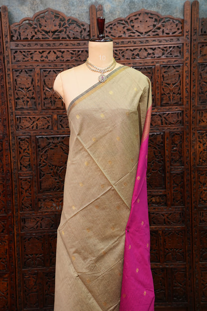 Semi Maheshwari Silk Cotton Saree – Beige Gold & Rani Pink