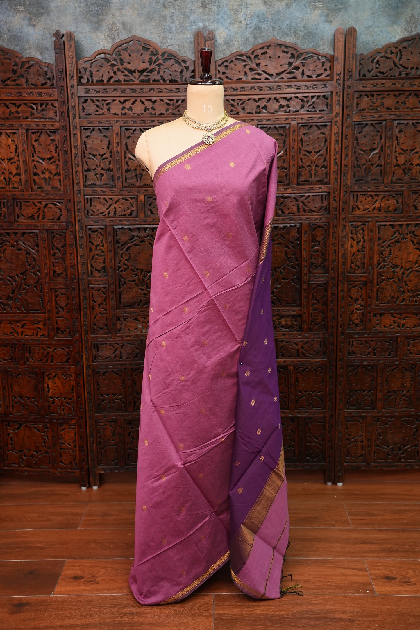 Semi Maheshwari Silk Cotton Saree – Dusty Rose & Purple