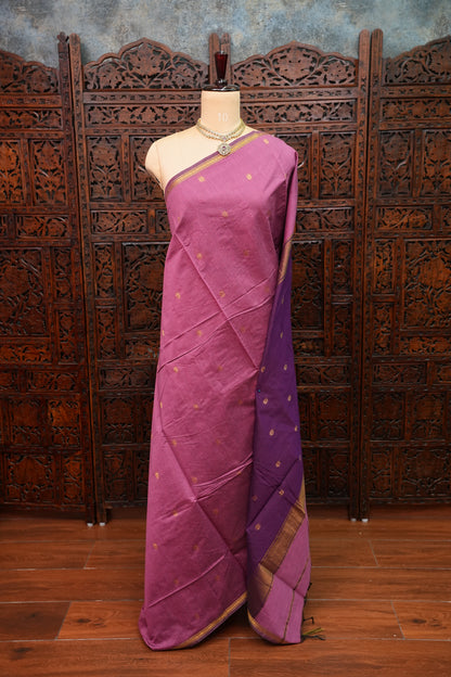 Semi Maheshwari Silk Cotton Saree – Dusty Rose & Purple