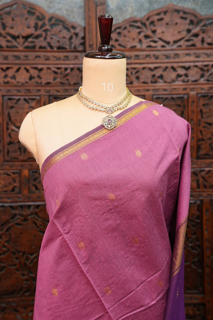 Semi Maheshwari Silk Cotton Saree – Dusty Rose & Purple