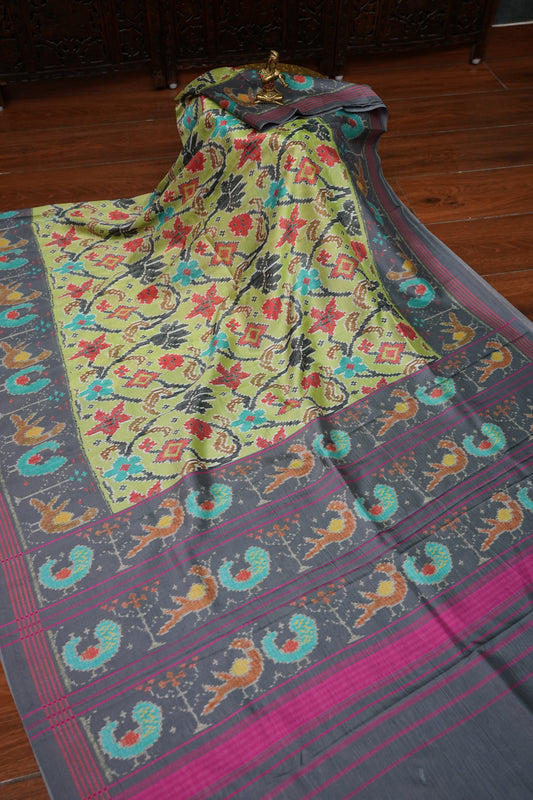 Tussar Saree with Kalamkari Body & Patola-Inspired Border and Pallu – Olive Green & Charcoal Grey