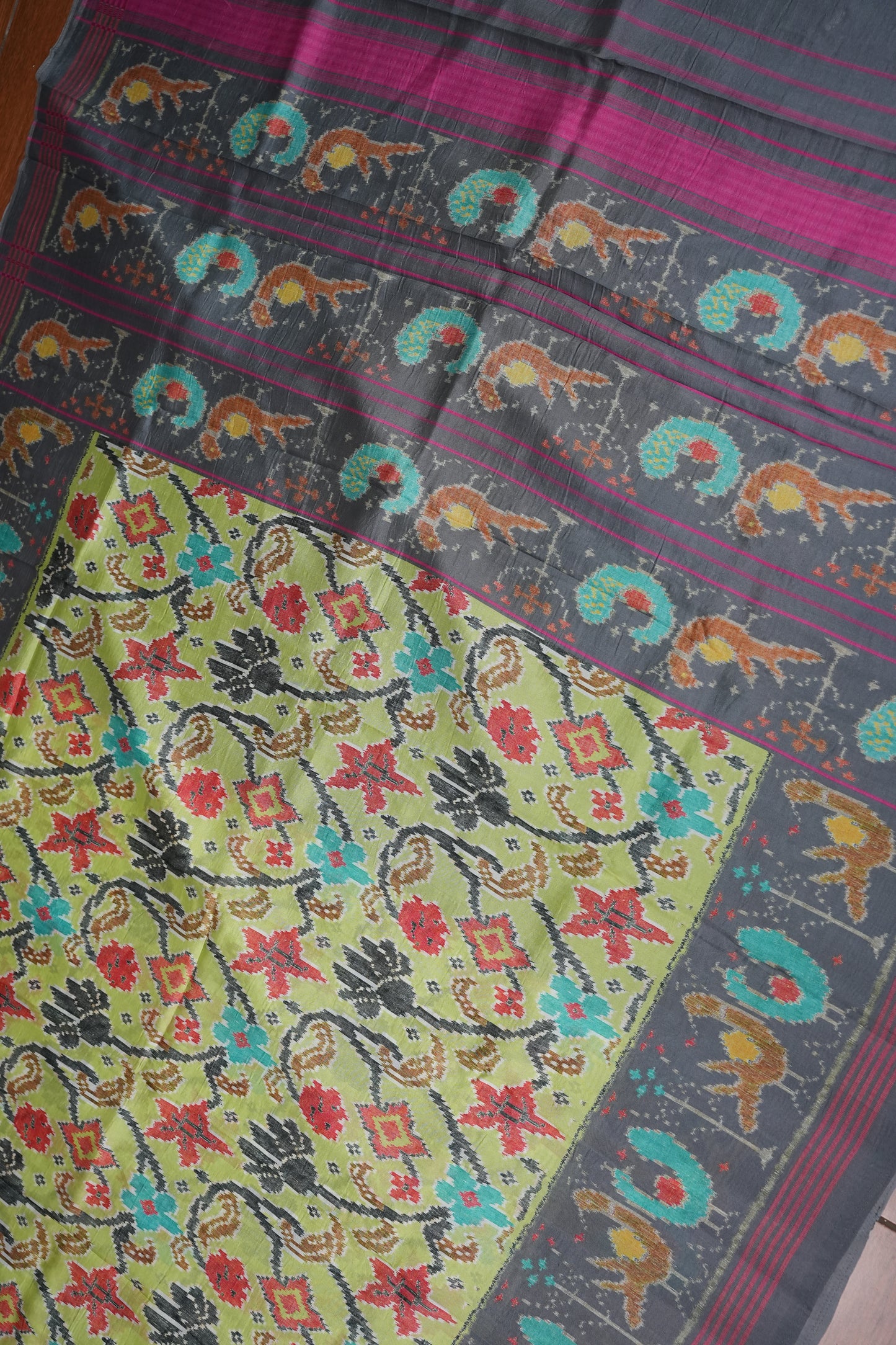 Tussar Saree with Kalamkari Body & Patola-Inspired Border and Pallu – Olive Green & Charcoal Grey