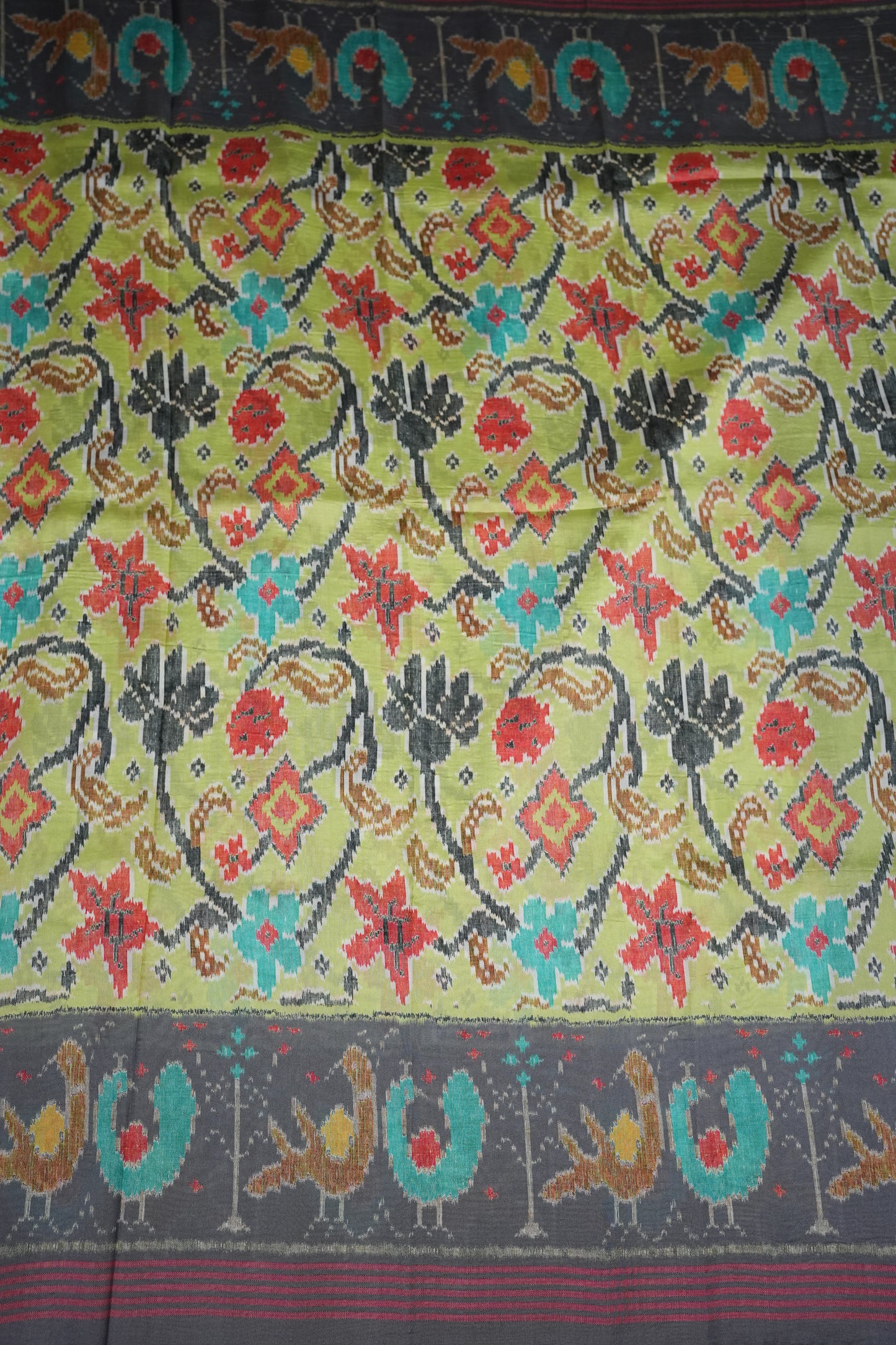 Tussar Saree with Kalamkari Body & Patola-Inspired Border and Pallu – Olive Green & Charcoal Grey