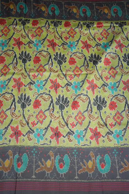 Tussar Saree with Kalamkari Body & Patola-Inspired Border and Pallu – Olive Green & Charcoal Grey