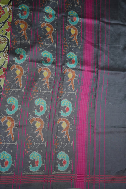 Tussar Saree with Kalamkari Body & Patola-Inspired Border and Pallu – Olive Green & Charcoal Grey