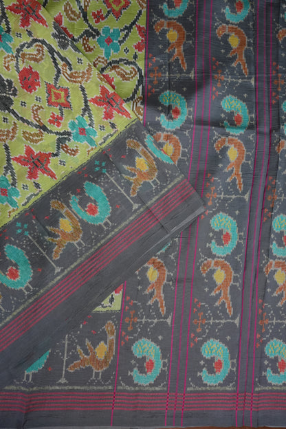 Tussar Saree with Kalamkari Body & Patola-Inspired Border and Pallu – Olive Green & Charcoal Grey