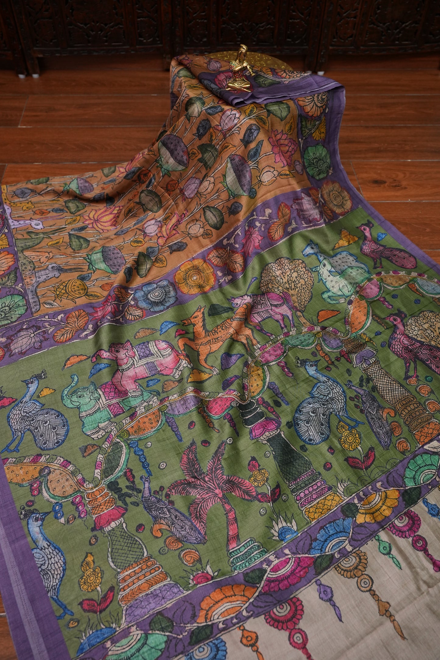 Tussar Saree with Kalamkari Body & Patola-Inspired Border and Pallu – Rust, Olive Green & Purple