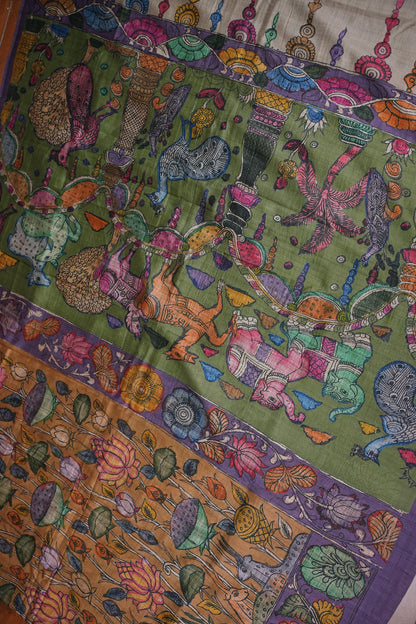 Tussar Saree with Kalamkari Body & Patola-Inspired Border and Pallu – Rust, Olive Green & Purple