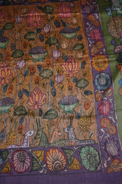 Tussar Saree with Kalamkari Body & Patola-Inspired Border and Pallu – Rust, Olive Green & Purple