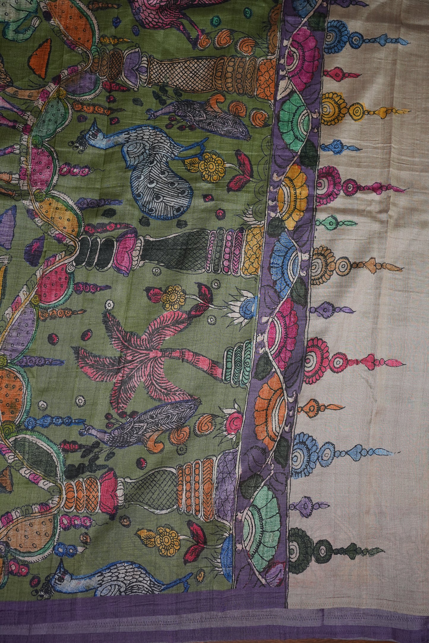 Tussar Saree with Kalamkari Body & Patola-Inspired Border and Pallu – Rust, Olive Green & Purple