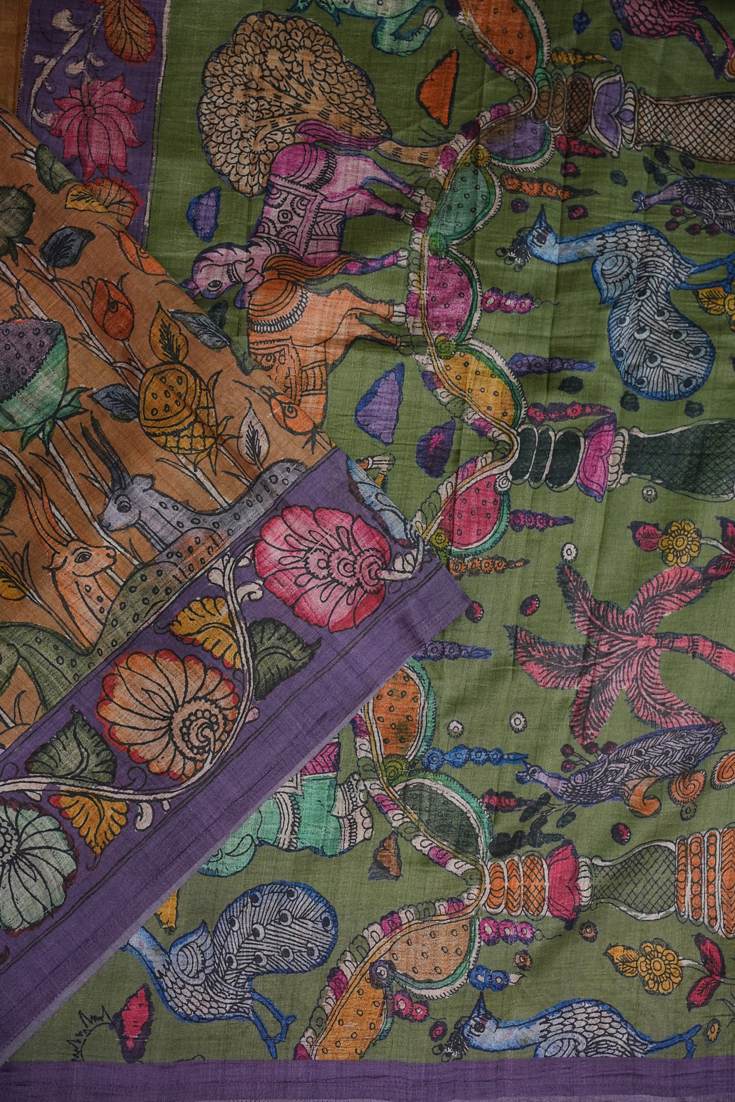 Tussar Saree with Kalamkari Body & Patola-Inspired Border and Pallu – Rust, Olive Green & Purple