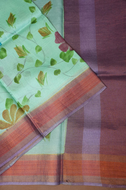 Floral Printed Pure Tussar Silk Saree-Sea Green|Silk Mark Certified