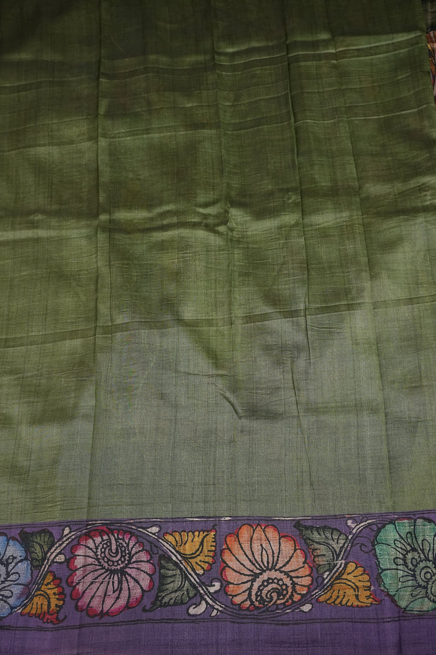 Tussar Saree with Kalamkari Body & Patola-Inspired Border and Pallu – Rust, Olive Green & Purple