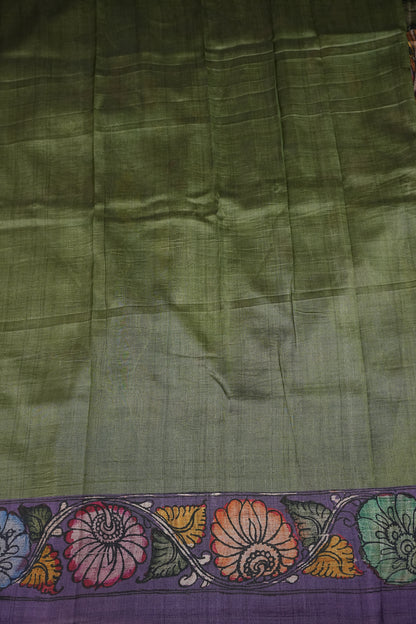 Tussar Saree with Kalamkari Body & Patola-Inspired Border and Pallu – Rust, Olive Green & Purple