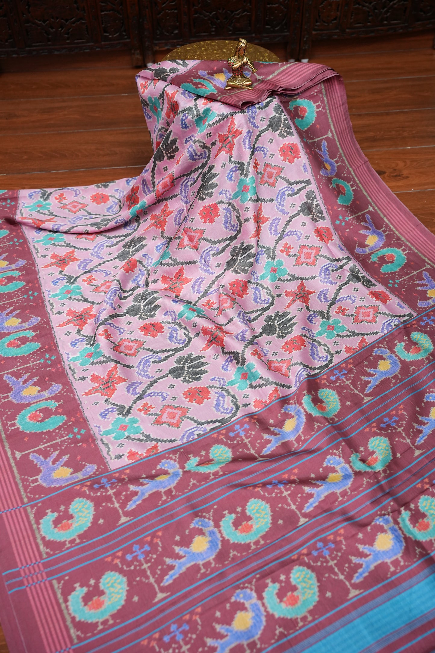 Tussar Saree with Kalamkari Body & Patola-Inspired Border and Pallu – Dusty Rose & Maroon