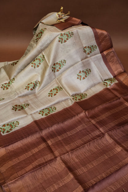 Floral Printed Pure Tussar Silk Saree-Half white|Silk Mark Certified
