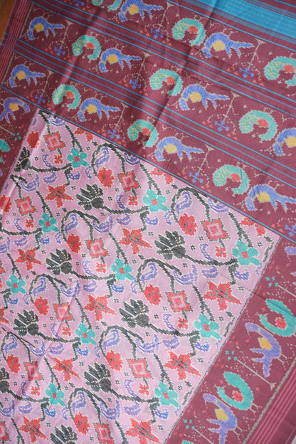 Tussar Saree with Kalamkari Body & Patola-Inspired Border and Pallu – Dusty Rose & Maroon