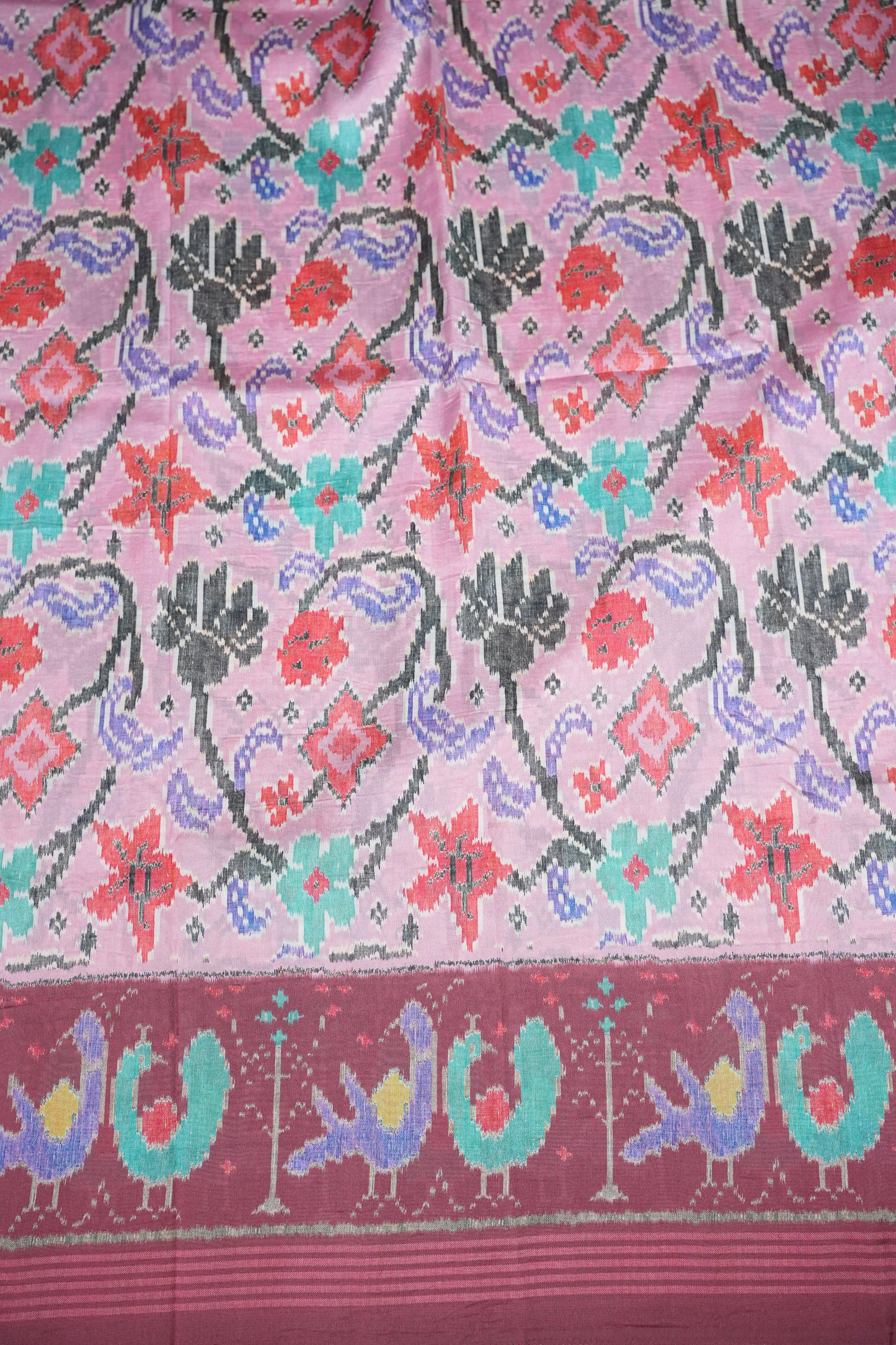 Tussar Saree with Kalamkari Body & Patola-Inspired Border and Pallu – Dusty Rose & Maroon