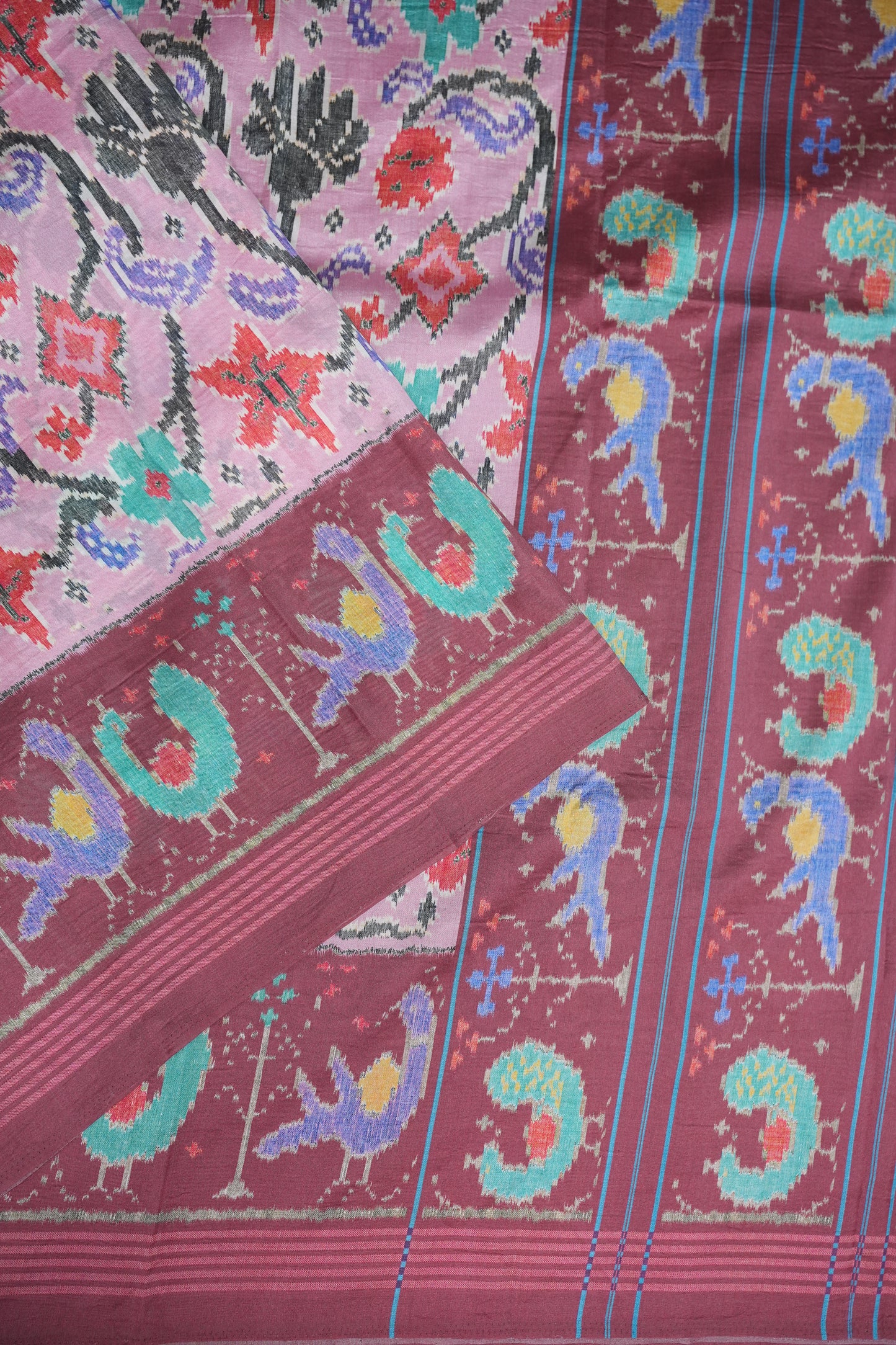 Tussar Saree with Kalamkari Body & Patola-Inspired Border and Pallu – Dusty Rose & Maroon