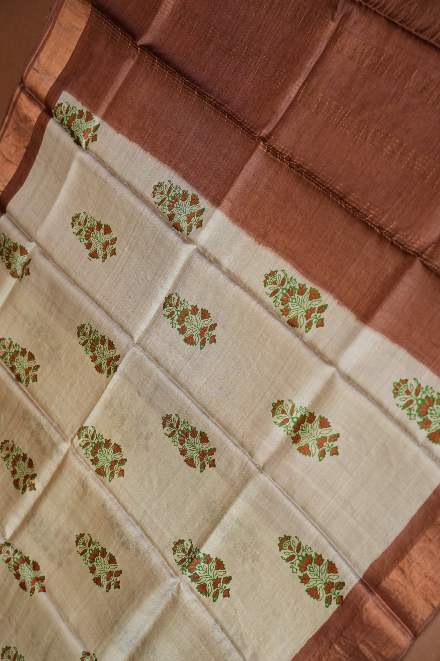 Floral Printed Pure Tussar Silk Saree-Half white|Silk Mark Certified