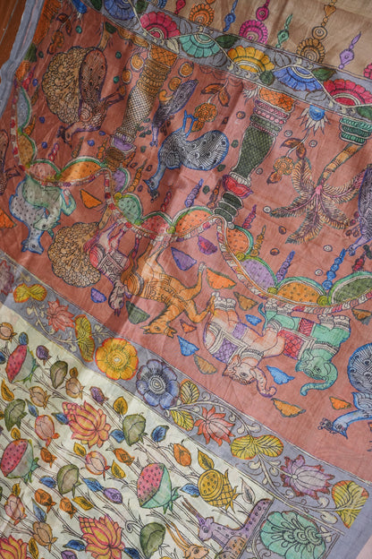 Tussar Saree with Kalamkari Body & Patola-Inspired Border and Pallu – Ivory, Peach & Grey