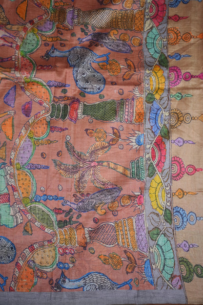 Tussar Saree with Kalamkari Body & Patola-Inspired Border and Pallu – Ivory, Peach & Grey
