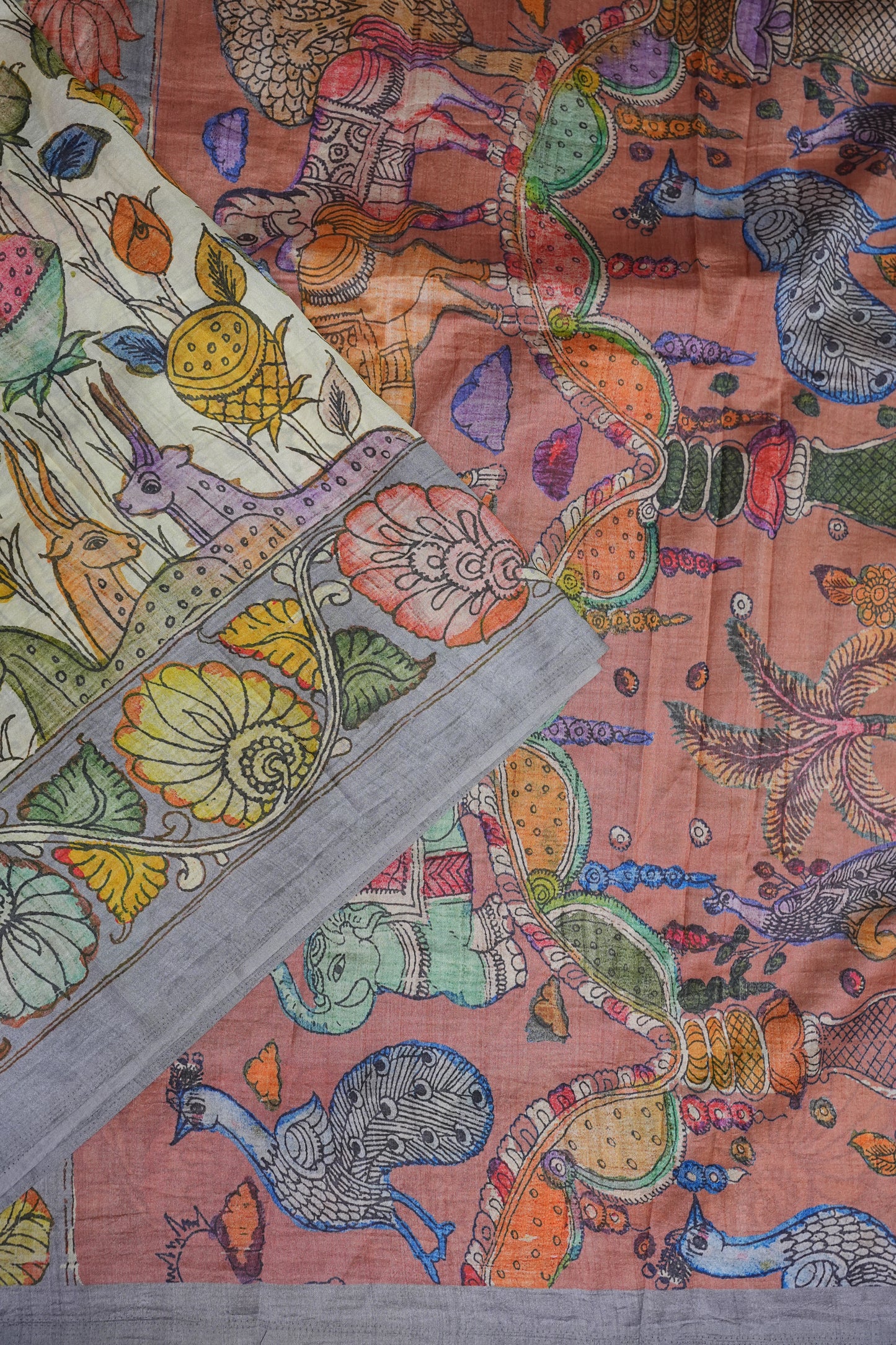 Tussar Saree with Kalamkari Body & Patola-Inspired Border and Pallu – Ivory, Peach & Grey
